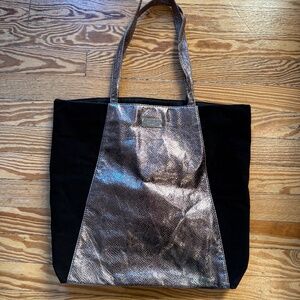 Jimmy Choo Parfums black and silver metallic large vegan leather shopper tote